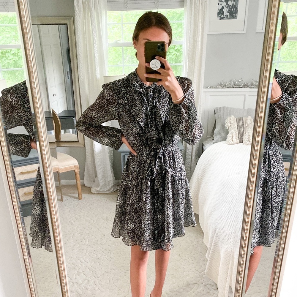 SALONI a-line long sleeve animal print ruffle mock neck dress with waist tie